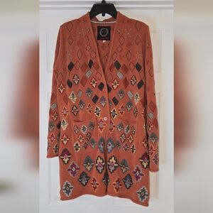 Johnny Was Multicolor Geometric Embroidered Cardigan